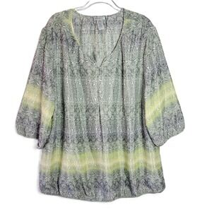 Catherines 2X 22/24W Blouse Green Gray Lightweight Ikat 3/4 Sleeve V-Neck Tunic
